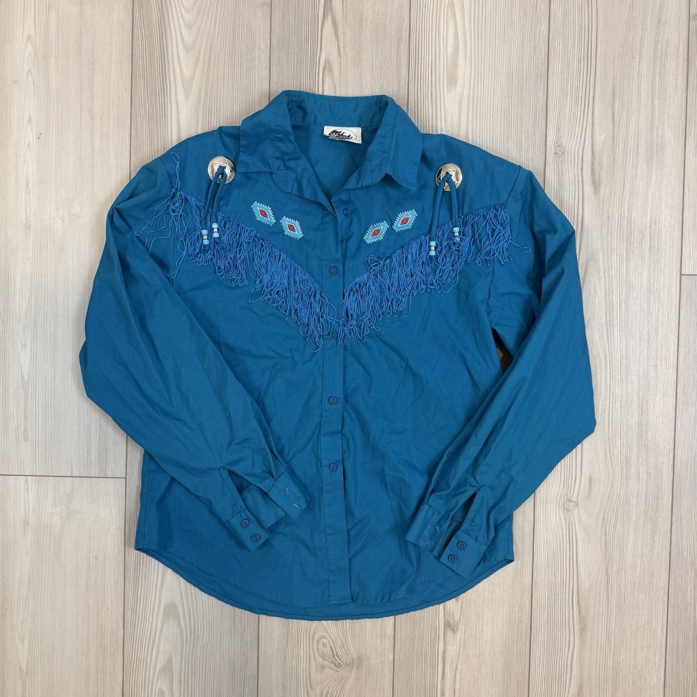 Vintage Western Collection Blue w/ Fringe Embroidered Bolo Long Sleeve Meduim‎
